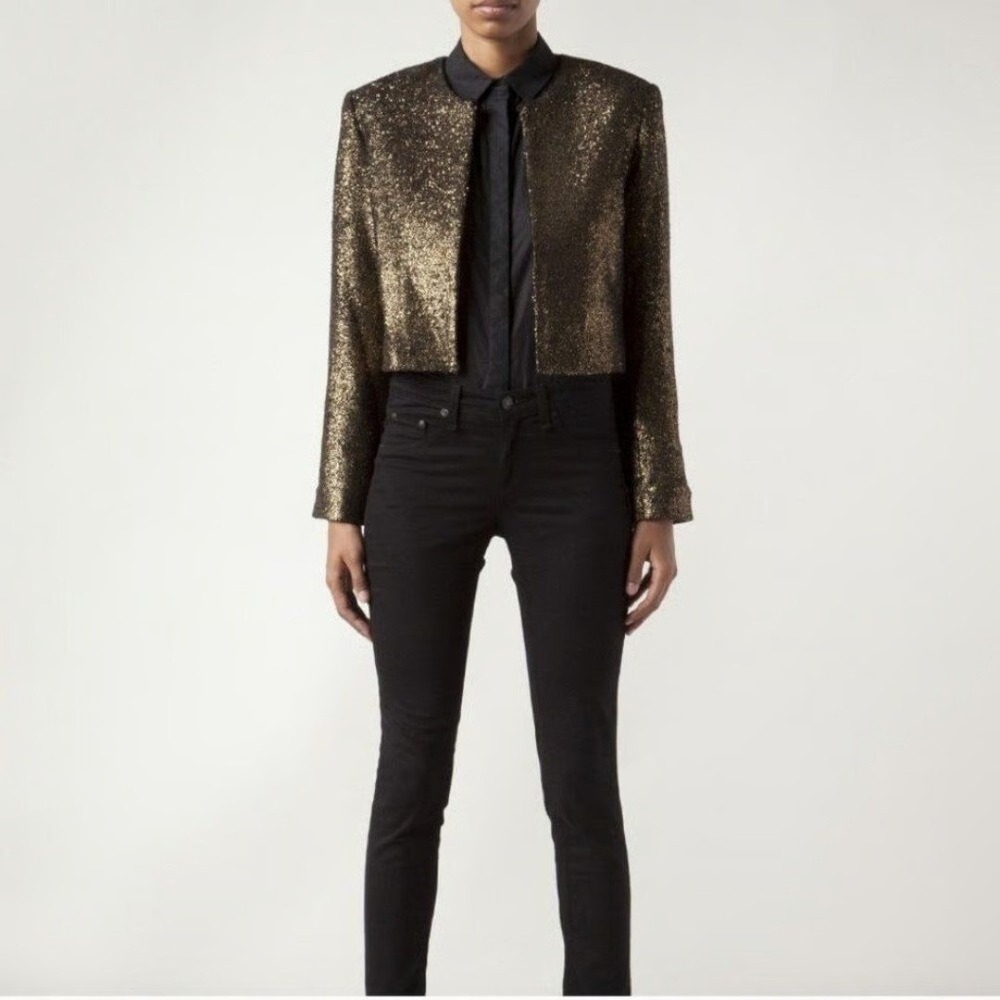 Nili Lotan Paris Brocade Clasp Cropped Evening Jacket Gold Black Women's Size 6